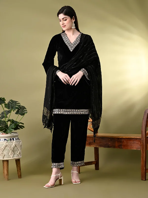 Women's Black Velvet Kurta Pant With Dupatta Set - Myshka Comfy High-Waist Jeans