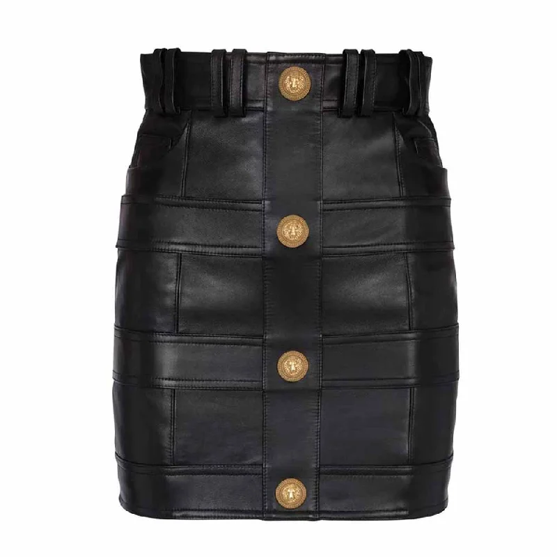 Women High Waist Gold Button Mini Leather Skirt denim skirt casual