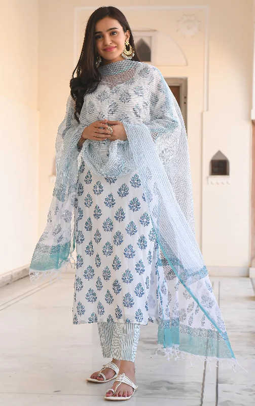 Women's White Printed Viscose Rayon Kurta And Pant Set - Alvami Stretch Fit Pants