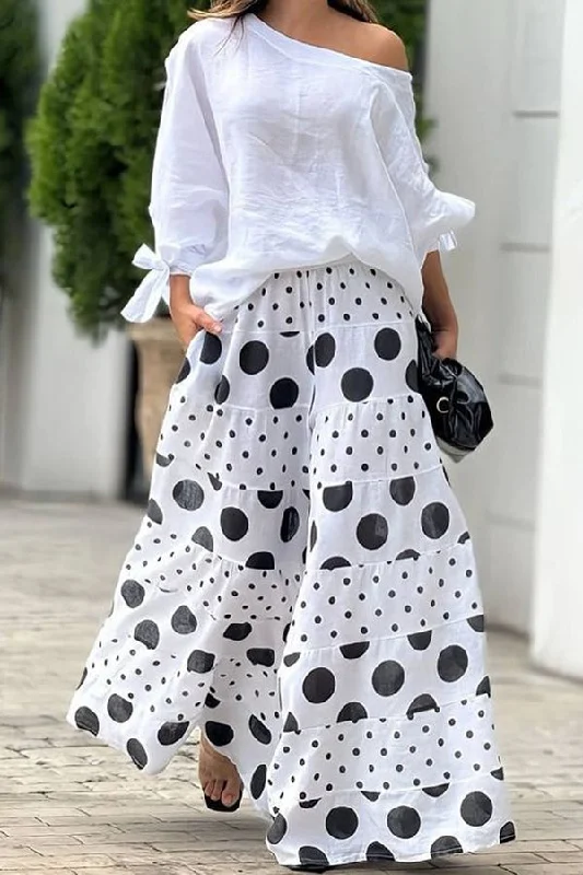 Stylish Tie-cuff Loose Top and Polka Dot Print Pocket Wide Leg Pants Set Casual Track Pants Stylish Tie-cuff Loose Top and Polka Dot Print Pocket Wide Leg Pants Set Casual Track Pants