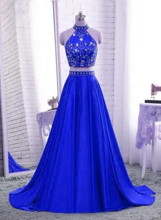 Royal Blue Two Piece Satin Party Dress, Blue Formal prom Dress, Evening Gowns cg6663 Tunics Floral girly Royal Blue Two Piece Satin Party Dress, Blue Formal prom Dress, Evening Gowns cg6663 Tunics Floral girly