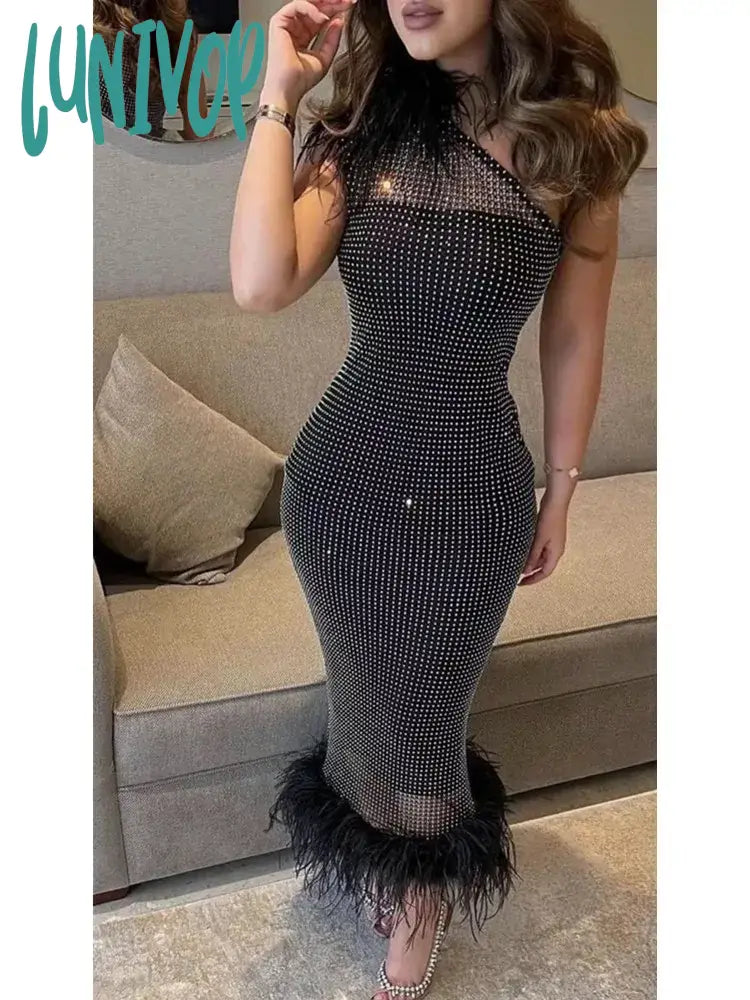 Lunivop Women Summer Fashion Sexy One Shoulder Feather Cystal Diamonds Black Midi Bandage Dress Elegant Evening Club Party Dress Tunics Office stylish Lunivop Women Summer Fashion Sexy One Shoulder Feather Cystal Diamonds Black Midi Bandage Dress Elegant Evening Club Party Dress Tunics Office stylish