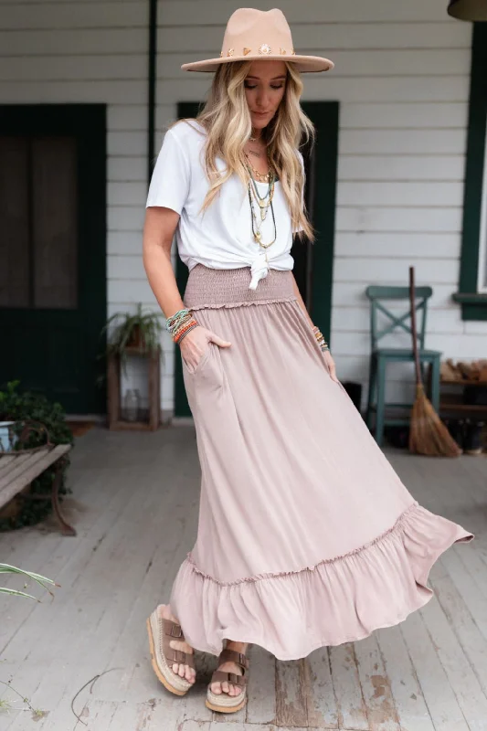 The Nest Rustic Romance Smocked Maxi Skirt - Dark Mocha flowy skirt hem