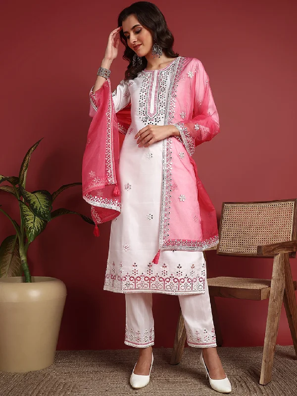 Women's White Silk Blend Embroidered Straight Kurta Pant Set With Dupatta - Ahika High-Waist Jogger Pants Women's White Silk Blend Embroidered Straight Kurta Pant Set With Dupatta - Ahika High-Waist Jogger Pants