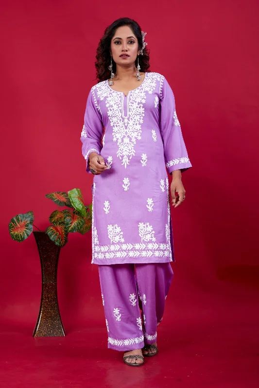 Women's Lavendar Rayon Lucknowi Embroidery Kurta With Pant - Dwija Fashion Casual Lounge Pants Women's Lavendar Rayon Lucknowi Embroidery Kurta With Pant - Dwija Fashion Casual Lounge Pants
