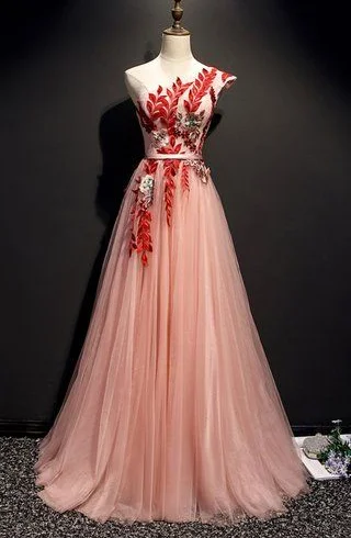 Pink Tulle One Shoulder Flower Lace Applique Long Prom Dress, Party Dress cg5273 Tunics Lace romantic Pink Tulle One Shoulder Flower Lace Applique Long Prom Dress, Party Dress cg5273 Tunics Lace romantic