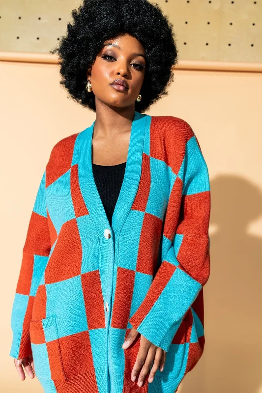 Love You Oversized Checkerboard Cardigan in September Sunset Beaded Cardigan Sequined Faux Fur