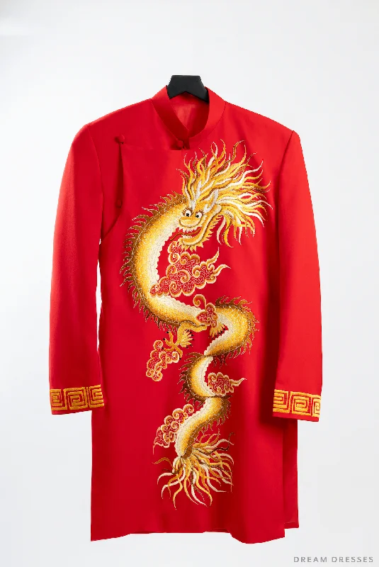 Red and Gold Groom Jacket with Dragon Embroidery| Vietnamese Groom Ao Dai (#Long) Herringbone Jacket Checkered Jacket Solid Jacket Red and Gold Groom Jacket with Dragon Embroidery| Vietnamese Groom Ao Dai (#Long) Herringbone Jacket Checkered Jacket Solid Jacket