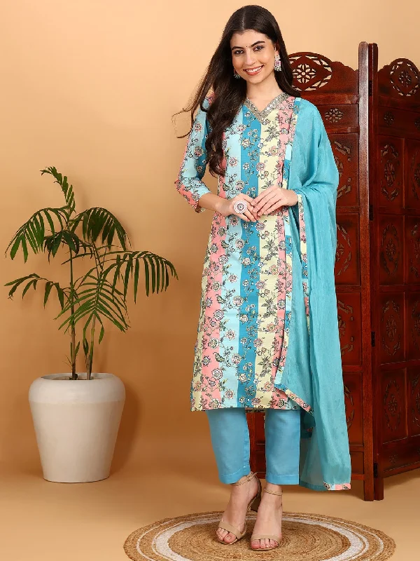 Women's Multi Cotton Blend Printed Straight Kurta Pant Set With Dupatta - Ahika Relaxed Lounge Trousers Women's Multi Cotton Blend Printed Straight Kurta Pant Set With Dupatta - Ahika Relaxed Lounge Trousers