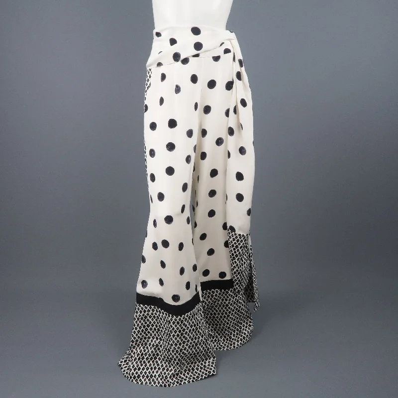 OSCAR DE LA RENTA Size 8 Cream & Black Mixed Print Silk Tie Wide Leg Dress Pants Trendy Printed Leggings OSCAR DE LA RENTA Size 8 Cream & Black Mixed Print Silk Tie Wide Leg Dress Pants Trendy Printed Leggings
