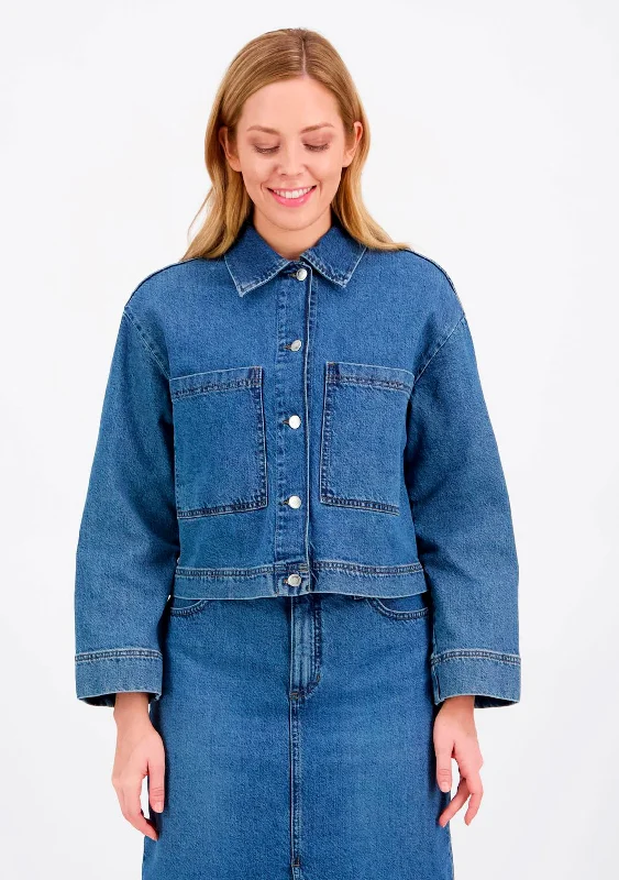 Elsi Denim Jacket Medium Blue Notch Collar Peter Pan Collar Cowl Neck