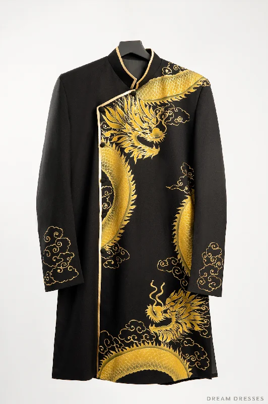 Black Groom Ao Dai Jacket | Hand-Painted Dragon Vietnamese Ao Dai (#Kwan) A-Line Jacket Boat Neck Shawl Collar Black Groom Ao Dai Jacket | Hand-Painted Dragon Vietnamese Ao Dai (#Kwan) A-Line Jacket Boat Neck Shawl Collar