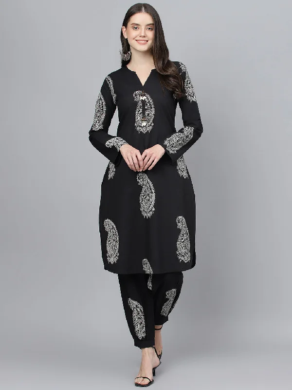 Women's Black Cotton Straight Kurta Hem Cuffed Pant set - Taantav Classic Straight-Leg Pants