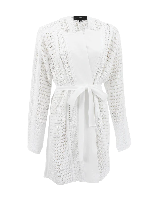 Belted Crochet Knit Cardigan Mesh Cardigan Canvas Denim