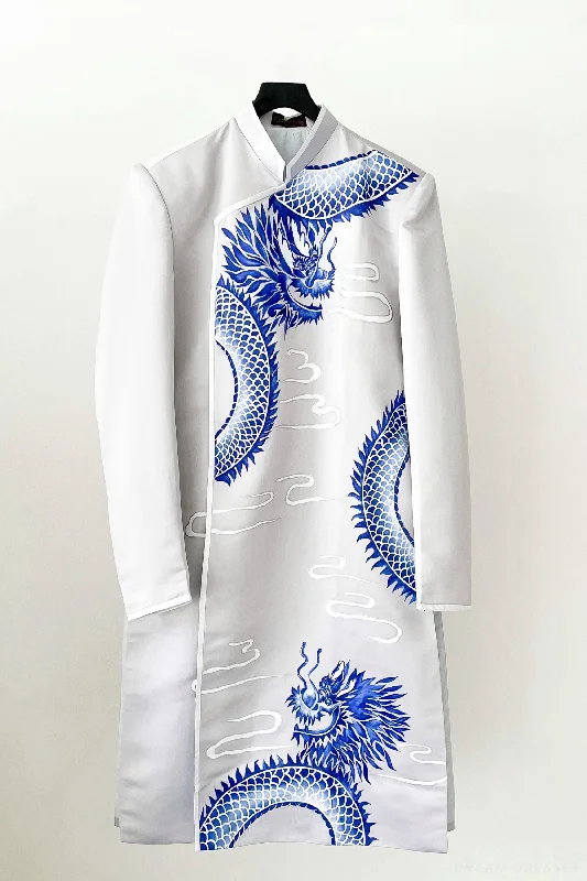 Gray and Blue Groom Ao Dai Jacket | Hand-Painted Dragon Vietnamese Ao Dai (#Khiem) Cotton Jacket Linen Jacket Terry Jacket Gray and Blue Groom Ao Dai Jacket | Hand-Painted Dragon Vietnamese Ao Dai (#Khiem) Cotton Jacket Linen Jacket Terry Jacket
