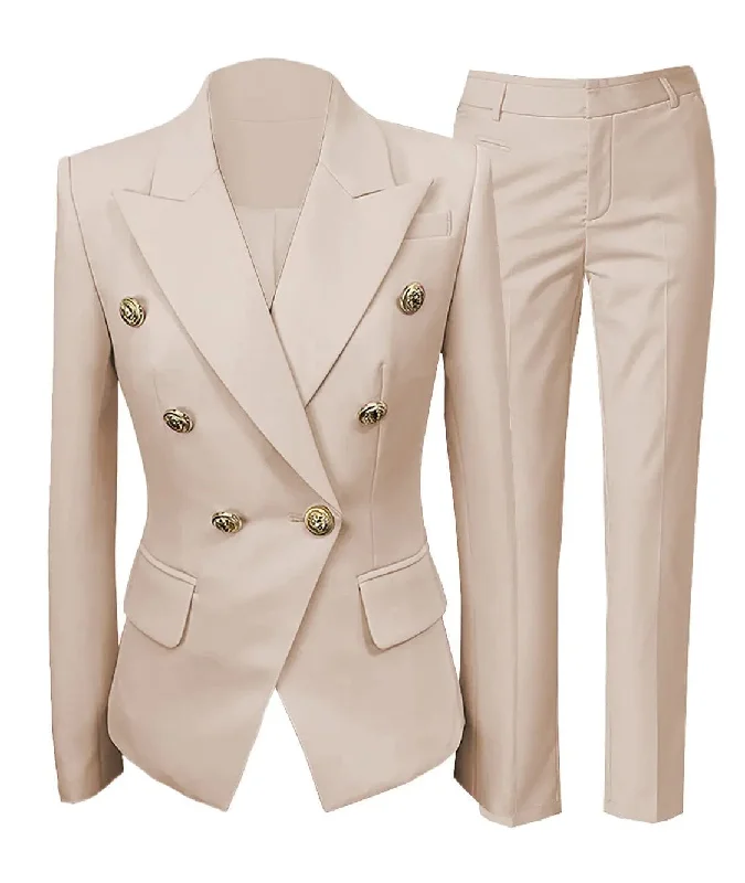 Fashion Double Buttons Flat 2 Pieces Women Suit (Blazer+Pants) Comfortable Wide-Leg Pants Fashion Double Buttons Flat 2 Pieces Women Suit (Blazer+Pants) Comfortable Wide-Leg Pants