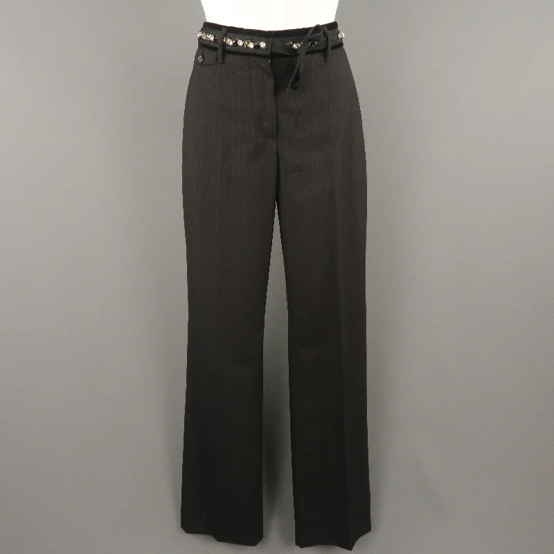 PRADA Size 4 Black Striped Virgin Wool Rhinestone Waistband Dress Pants Trendy Wide-Legged Trousers PRADA Size 4 Black Striped Virgin Wool Rhinestone Waistband Dress Pants Trendy Wide-Legged Trousers