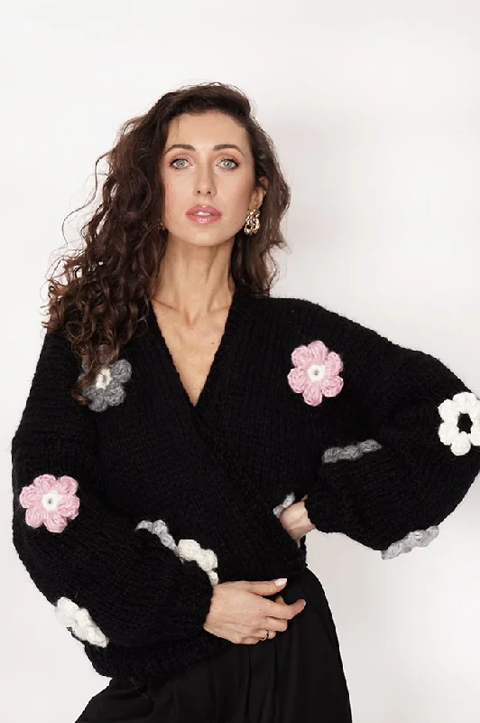 Flower Handmade Cardigan Black Toggled Drawstring Belted