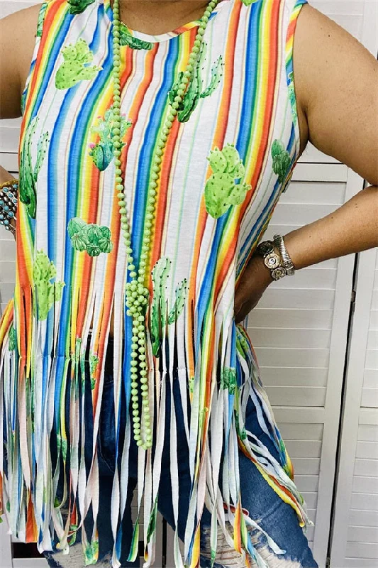 GJQ9702 Multi color printed striped & cactus printed tank top w/fringe tassels peach tank top