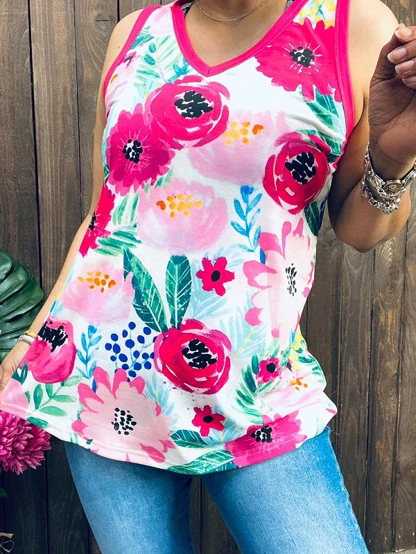 Fuchsia&pink,turquoise floral multi-color printed V-neckline women tank top XCH14710 metallic tank top