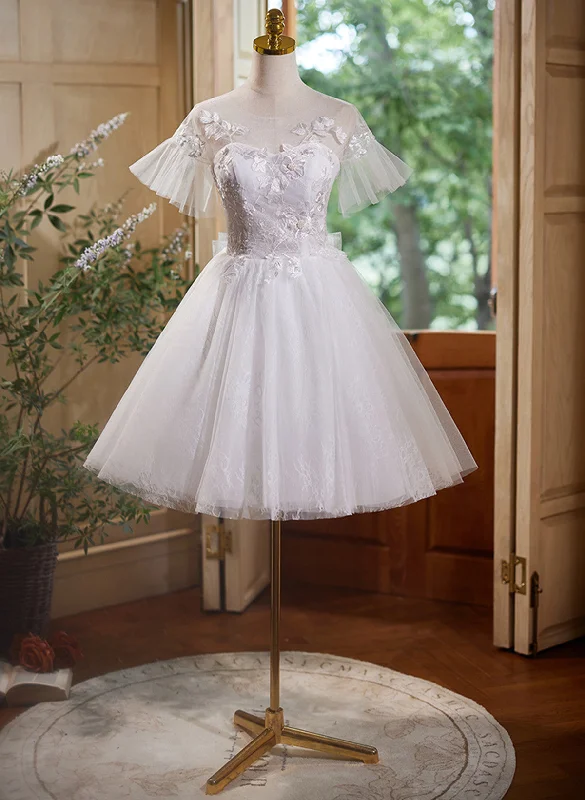 Cute White Tulle with Lace Short Party Dress, White Graduation Dress Tunics Lace romantic Cute White Tulle with Lace Short Party Dress, White Graduation Dress Tunics Lace romantic