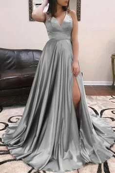 simple grey long prom dresses, fashion prom dresses with high leg split, cheap a line graduation party dresses  cg6817 Cowl Neckline Elegant
