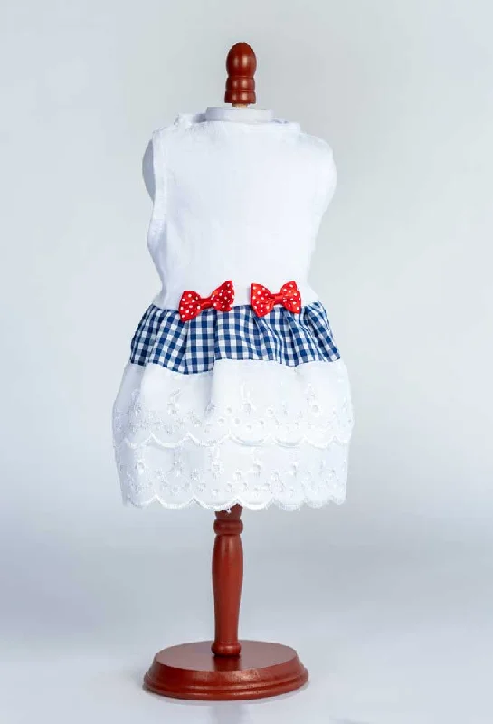 437 White Top with Gingham and Eyelet Skirt and Bow Trim breathable skirt fabric