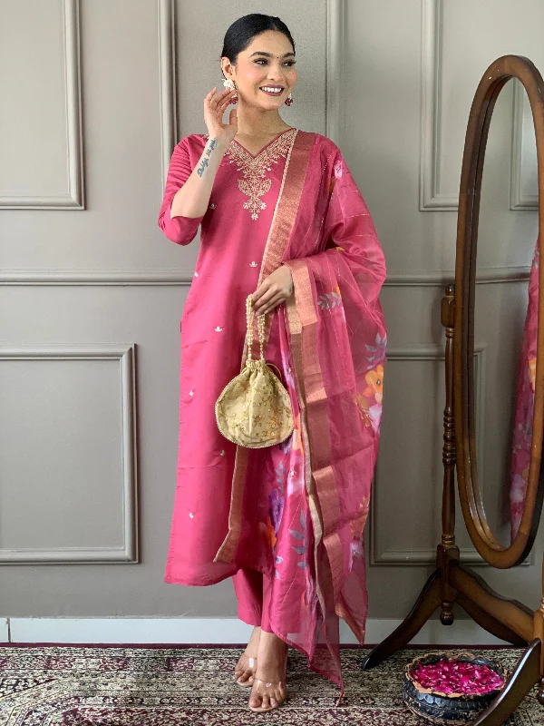 Women's Peach Viscose Chanderi Embroidery Worked Kurta With Pant And Duppata Set - Dwija Fashion Casual Track Pants Women's Peach Viscose Chanderi Embroidery Worked Kurta With Pant And Duppata Set - Dwija Fashion Casual Track Pants