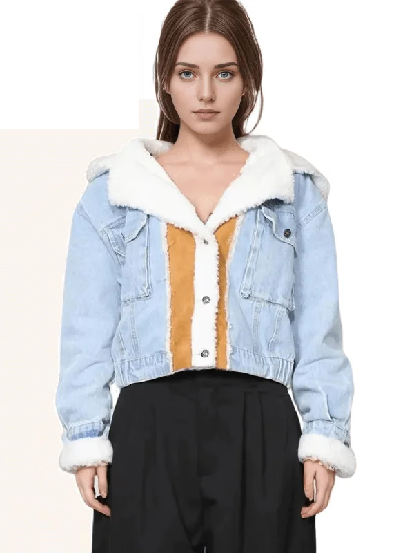 Women's Hooded Patchwork Denim Jacket Mesh Jacket Canvas Jacket Denim Jacket