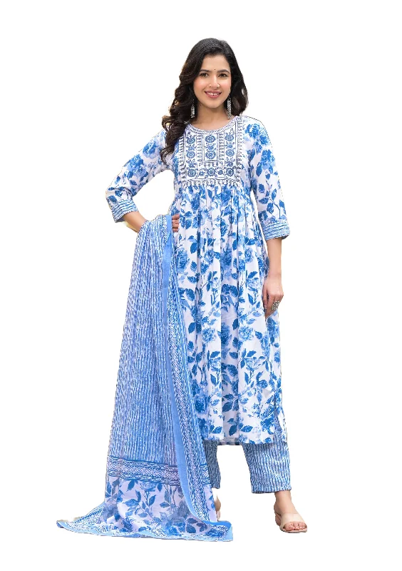 Women's White, Blue Floral Print Viscose Rayon Kurta, Pant And Dupatta Set - Alvami Trendy Tapered Pants