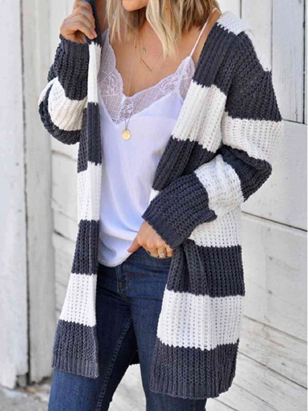 Casual and Cozy: Striped Hooded Open Front Cardigan for Women Asymmetrical,ymmetric Pencil Cardigan Casual and Cozy: Striped Hooded Open Front Cardigan for Women Asymmetrical,ymmetric Pencil Cardigan