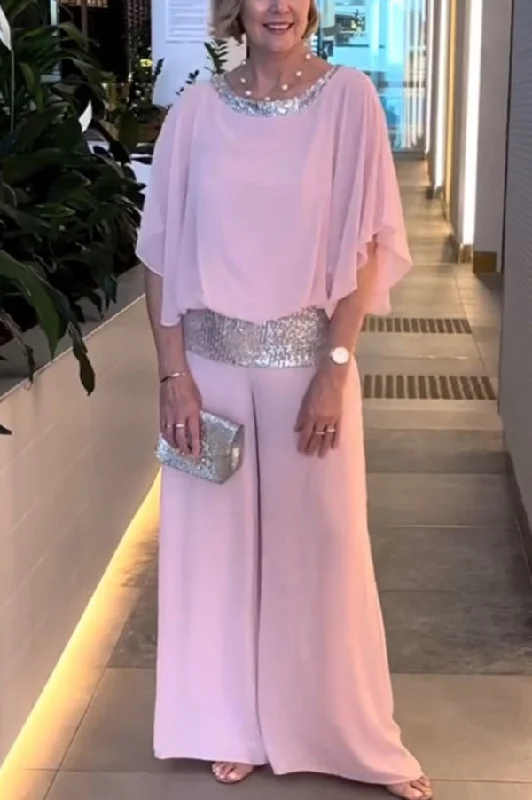 Stylish Sequin Patchwork Dolman Sleeve Top and Elastic Waist Wide Leg Pants Set Formal Slim Pants