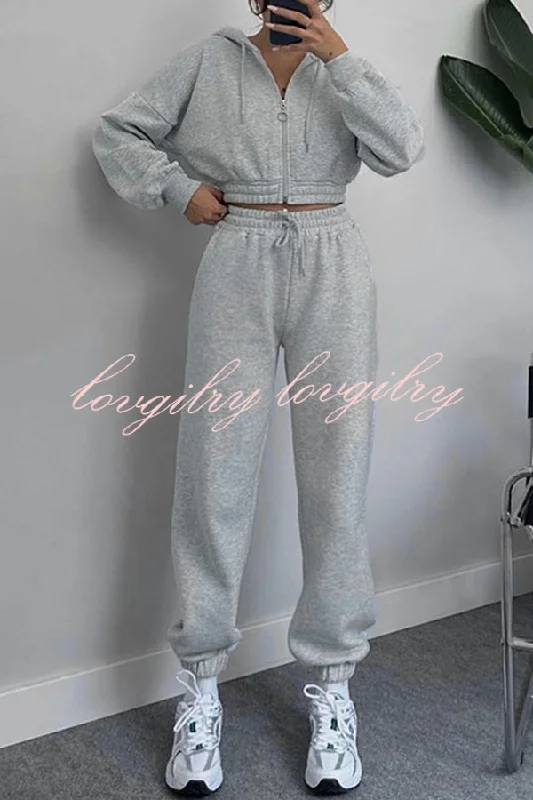 Hooded Zip Up Waist Sweatshirt and Elastic Waist Lace Up Pants Set Comfortable Denim Trousers
