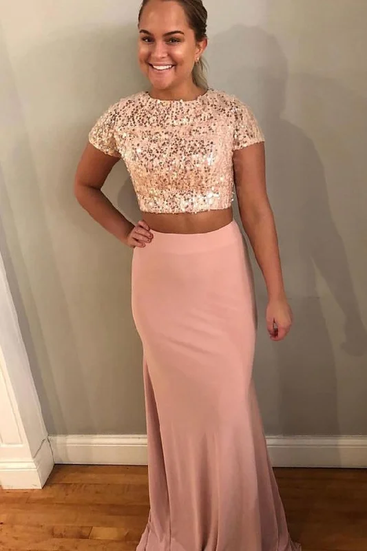 Short Sleeve Two Piece Evening Party Dress, Sequins Long Prom Dress cg5620 Glittery Long Formal Short Sleeve Two Piece Evening Party Dress, Sequins Long Prom Dress cg5620 Glittery Long Formal