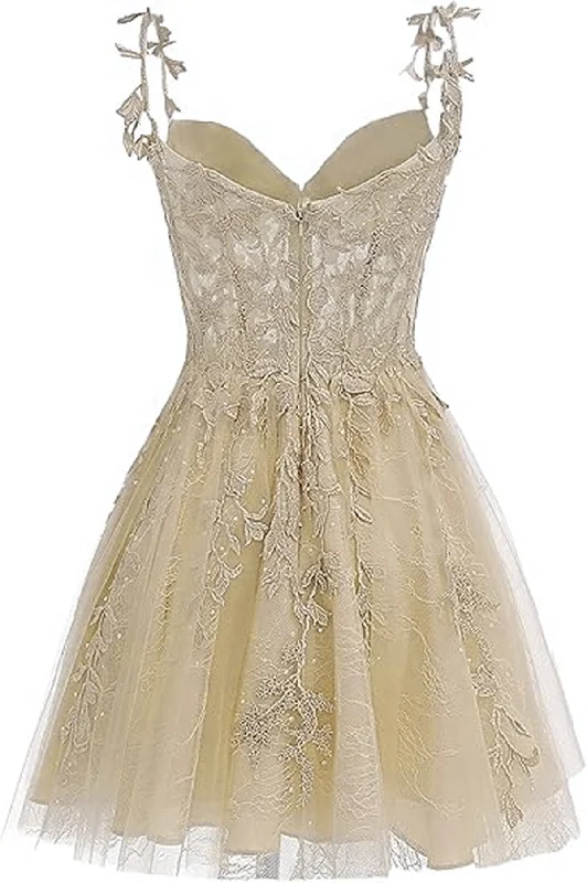Cute Champagne Tulle Short Lace Homecoming Dress, Sweetheart Knee Length Party Dress Tunics Evening elegant Cute Champagne Tulle Short Lace Homecoming Dress, Sweetheart Knee Length Party Dress Tunics Evening elegant