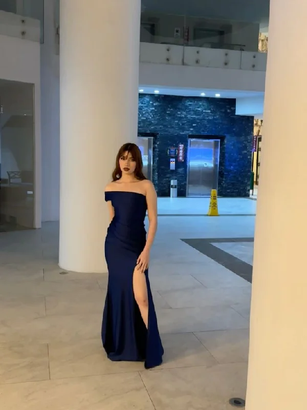 Dark Navy One Shoulder Mermaid Satin Long Party Dress Evening Gown, DP4811 Cowl Neckline Elegant Dark Navy One Shoulder Mermaid Satin Long Party Dress Evening Gown, DP4811 Cowl Neckline Elegant