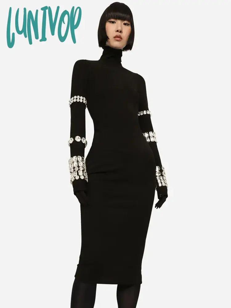 Lunivop Women Sexy Long Sleeve Turtlneck Beading Black Midi Bodycon Bandage Dress 2024 Elegant Evening Club Party Dress Turtleneck Warm Winter Lunivop Women Sexy Long Sleeve Turtlneck Beading Black Midi Bodycon Bandage Dress 2024 Elegant Evening Club Party Dress Turtleneck Warm Winter