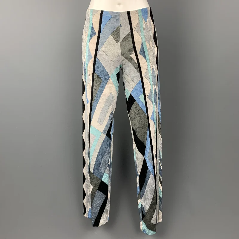 EMILIO PUCCI Size 6 Blue & Gray Print Velour Pants Trendy Wide-Leg Pants