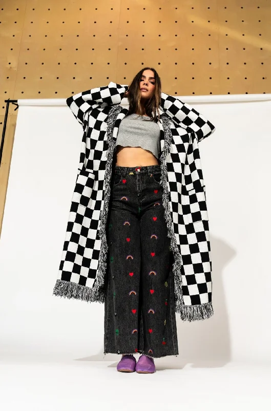 Luxe Fringe Blanket Cardigan in Black + White Check Houndstooth Herringbone Solid