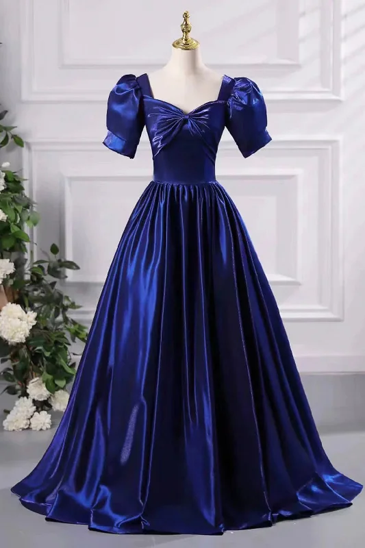 Blue Satin Floor Length Prom Dress, A-Line Short Sleeve Backless Evening Party Dress Tunics Prom sequined Blue Satin Floor Length Prom Dress, A-Line Short Sleeve Backless Evening Party Dress Tunics Prom sequined
