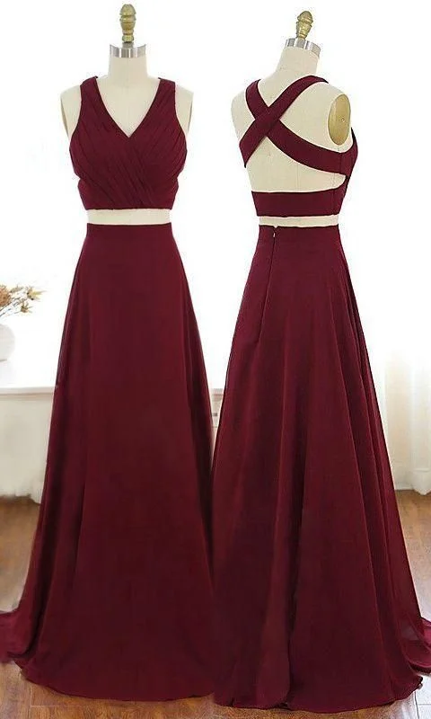 V-Neck Burgundy Party Dress Criss-Cross Straps Chiffon Two Piece Prom Dress cg6059 Tunics Designer luxury V-Neck Burgundy Party Dress Criss-Cross Straps Chiffon Two Piece Prom Dress cg6059 Tunics Designer luxury