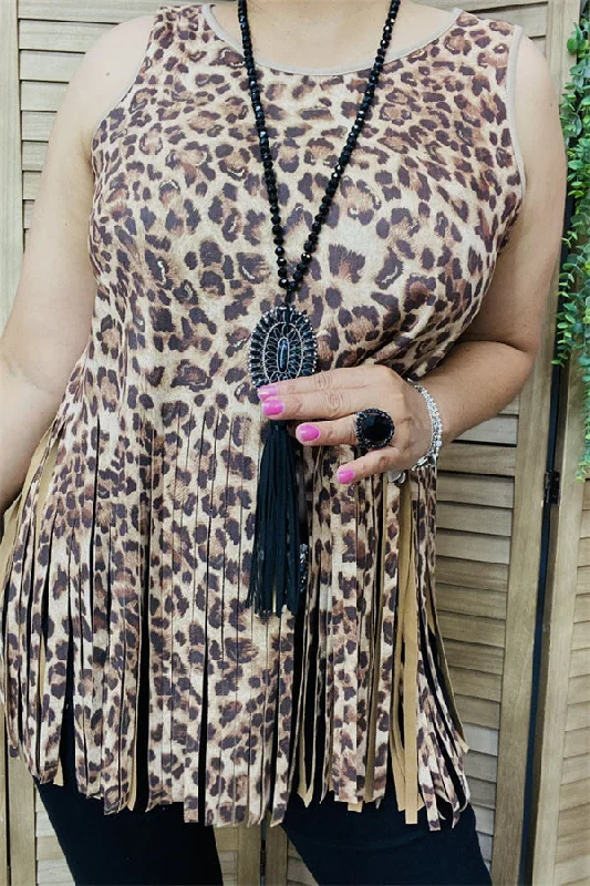 GJQ13325 Leopard tank top w/fringe tassels lime green tank