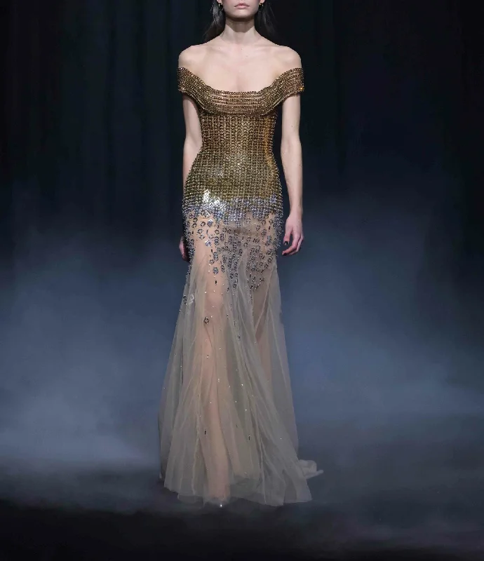 Beaded Tulle Long Party Dress Peplum Ruffle Cocktail