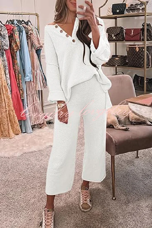 Heather Hailey Solid Color Casual Button V Neck Top and Pant Two Piece Set Casual Lounge Pants Heather Hailey Solid Color Casual Button V Neck Top and Pant Two Piece Set Casual Lounge Pants
