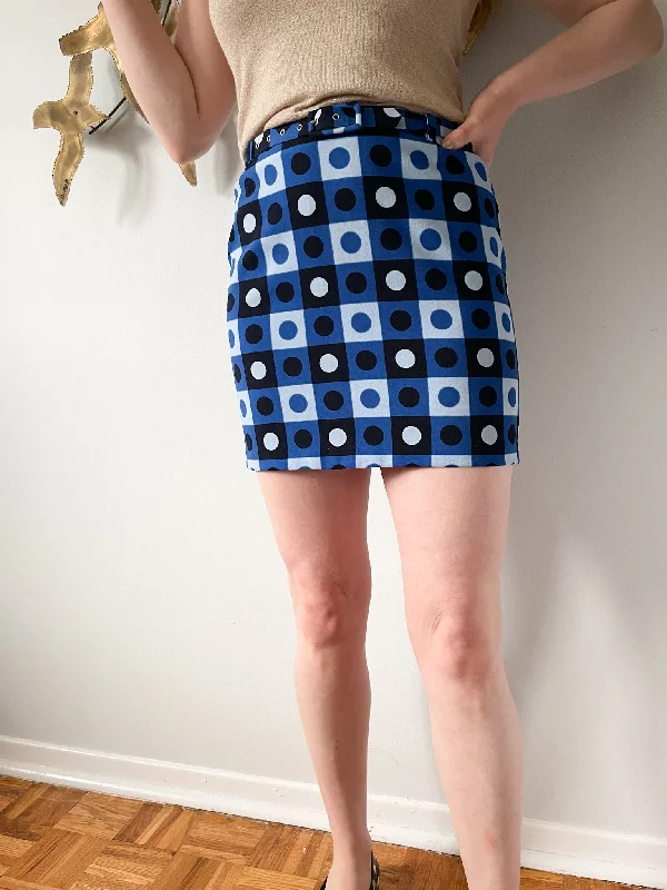 Retro Blue Square Dot Mini Skirt with Belt - Small wrap skirt elegant