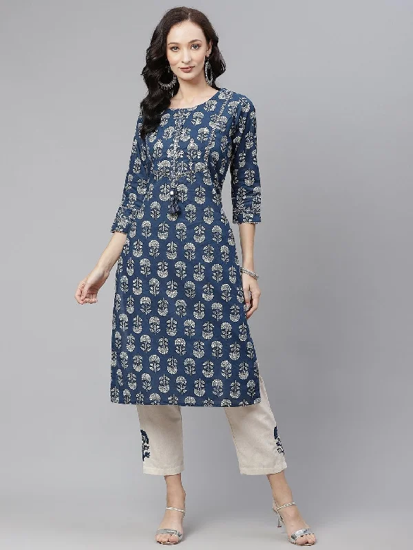 Women's Indigo Blue Buti Print Straight Kurta With Cotton Pants - Noz2Toz Soft Stretch Trousers Women's Indigo Blue Buti Print Straight Kurta With Cotton Pants - Noz2Toz Soft Stretch Trousers