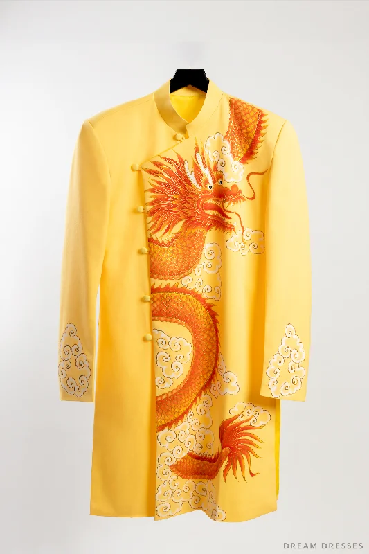 Yellow Groom Ao Dai Jacket | Hand-Painted Dragon Vietnamese Ao Dai (#An) Faux Fur Jacket Real Fur Jacket Shearling Jacket