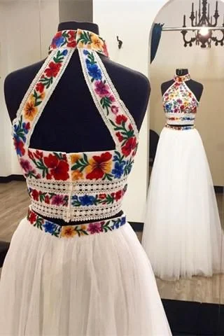 Two Piece High Neck Long Prom Dress with Appliques, Unique Sleeveless Party Dress cg3218 Crew Neckline Sporty Two Piece High Neck Long Prom Dress with Appliques, Unique Sleeveless Party Dress cg3218 Crew Neckline Sporty