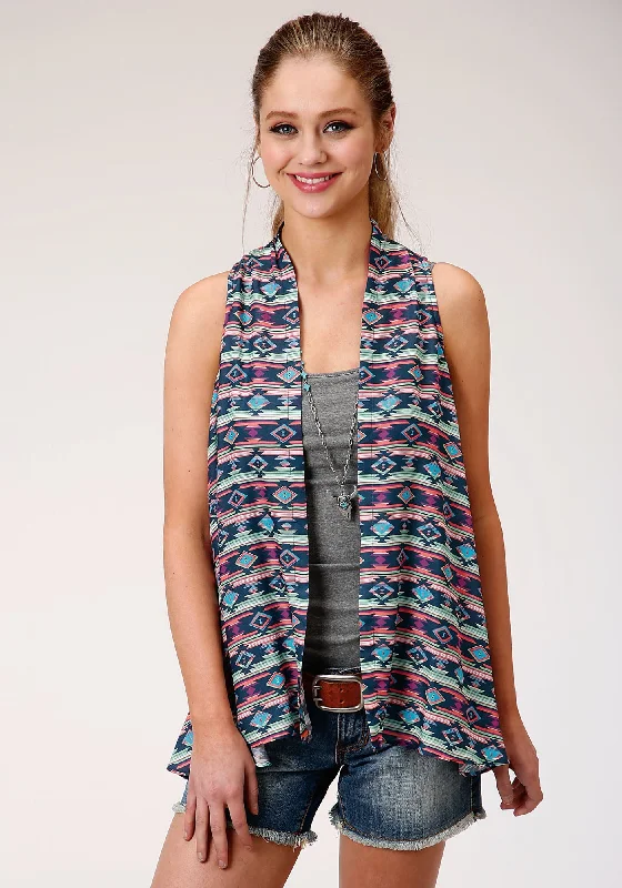 Roper Womens Blue/Pink Rayon/Nylon Aztec Cardigan Solid Print Embellished