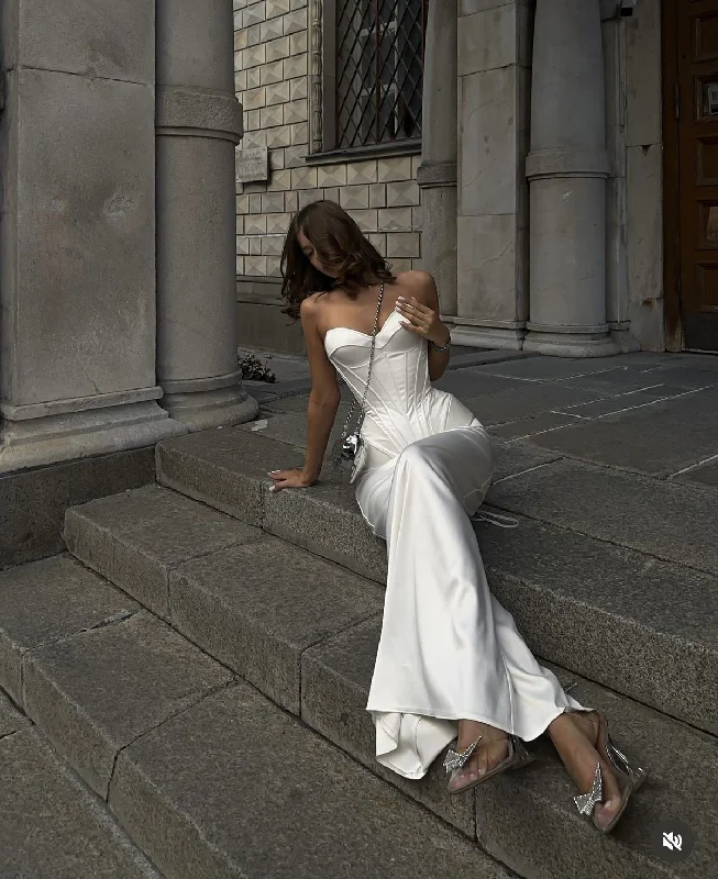 White Sweetheart Neck Corset Mermaid Satin Long Party Dress Birthday Outfits, DP4491 Tunics Stylish modern White Sweetheart Neck Corset Mermaid Satin Long Party Dress Birthday Outfits, DP4491 Tunics Stylish modern